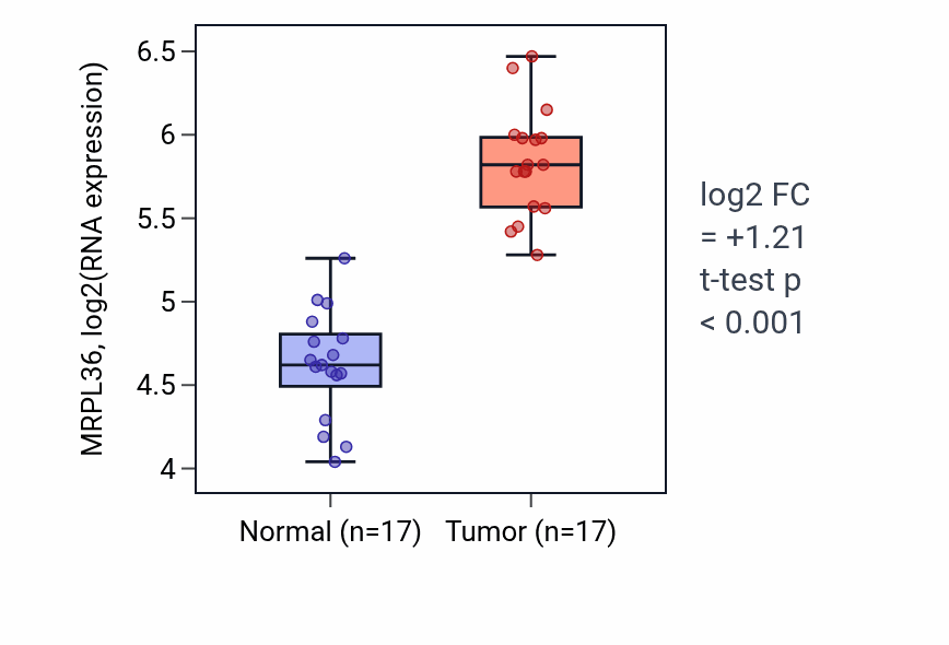 Tumor-vs-normal expression box plot for MRPL36 RNA in COAD.