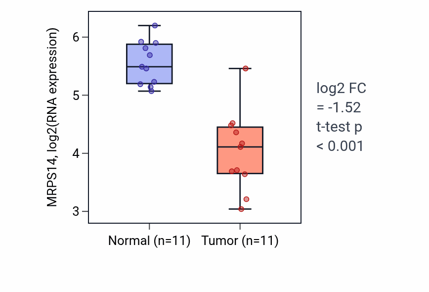 Tumor-vs-normal expression box plot for MRPS14 RNA in KICH.