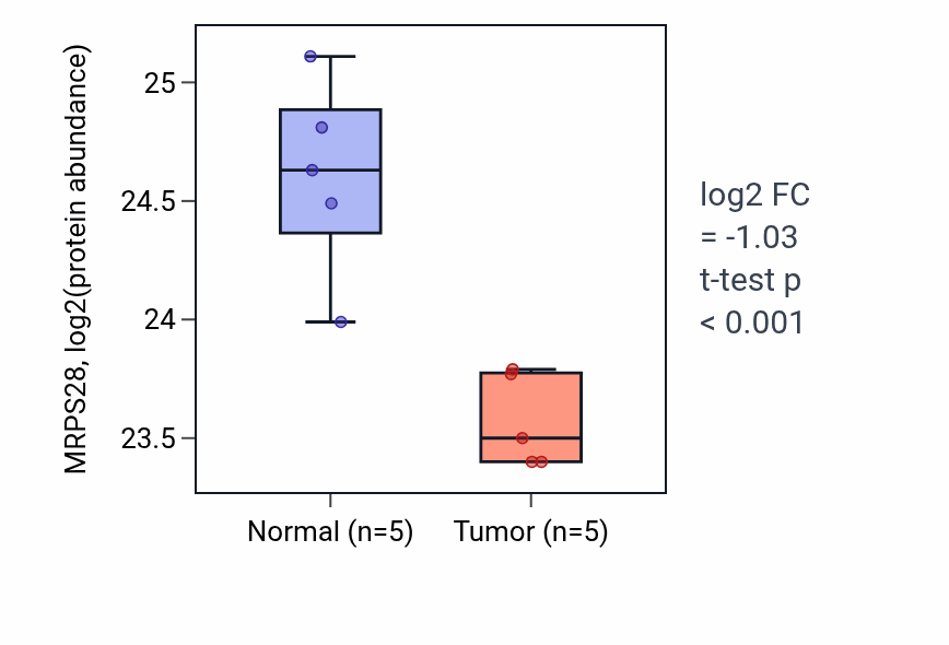 Tumor-vs-normal mass-spec protein box plot for MRPS28 in CCRCC.