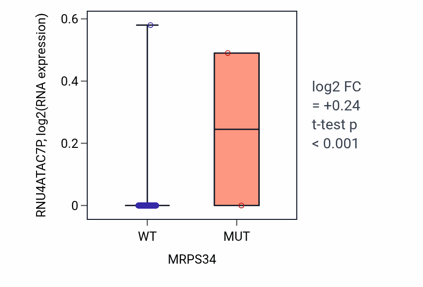 Box plot of RNU4ATAC7P in MRPS34-low vs MRPS34-high samples in SKCM.