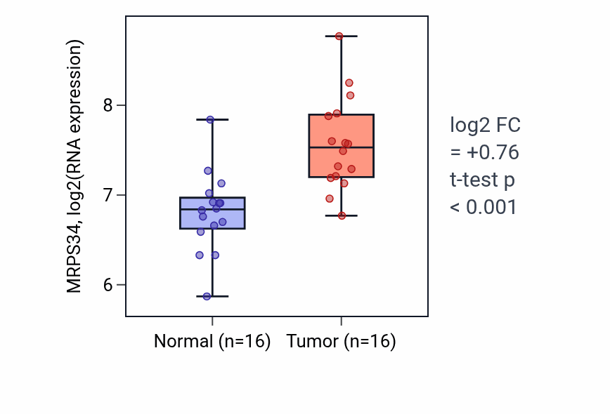 Tumor-vs-normal expression box plot for MRPS34 RNA in HNSC.