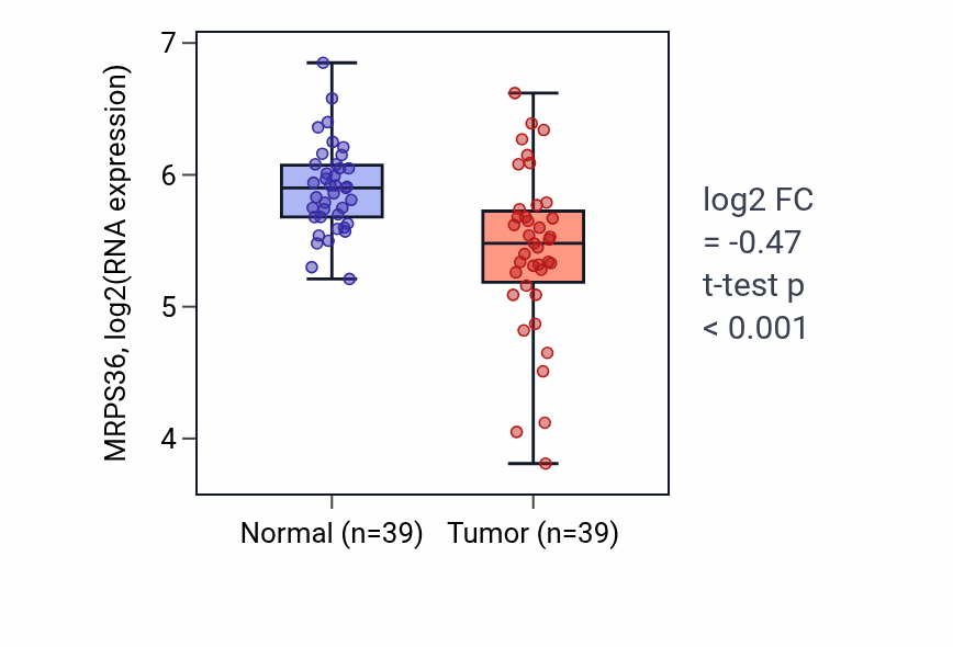 Tumor-vs-normal expression box plot for MRPS36 RNA in COAD.