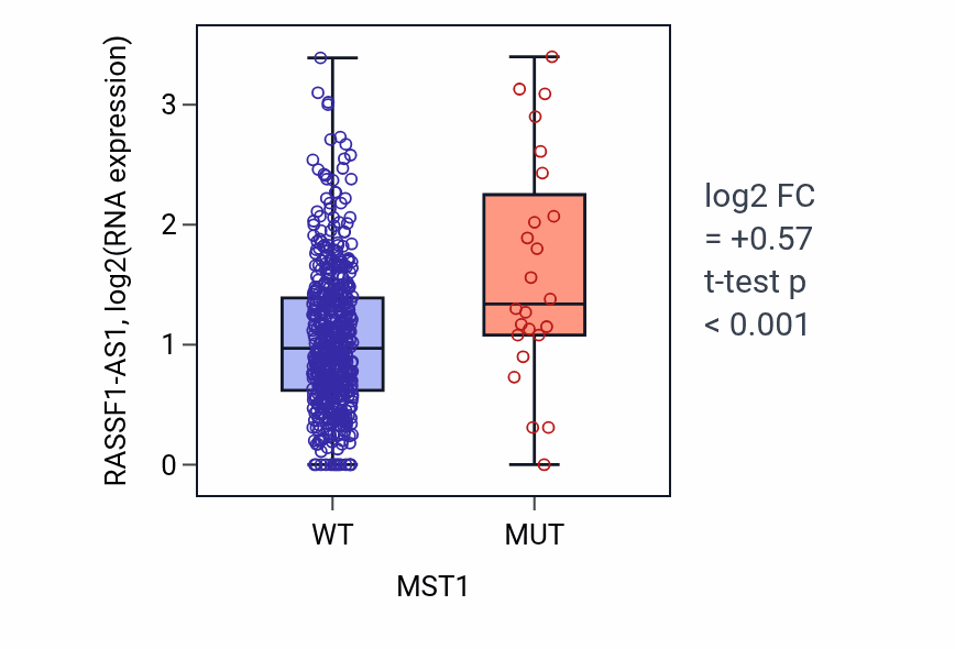 Box plot of RASSF1-AS1 in MST1-low vs MST1-high samples in UCEC.