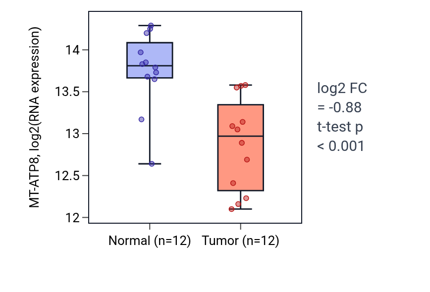 Tumor-vs-normal expression box plot for MT-ATP8 in KIRC.