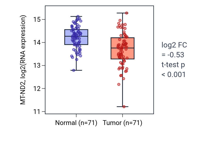 Tumor-vs-normal expression box plot for MT-ND2 in KIRC.
