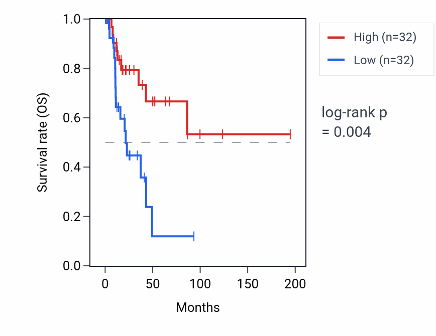 Kaplan&ndash;Meier survival curve for MT-TS2 RNA expression in KIRP: high vs low expression groups.