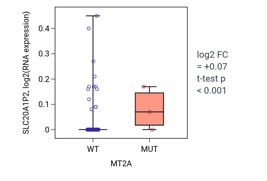 Box plot of SLC20A1P2 in MT2A-low vs MT2A-high samples in UCEC.