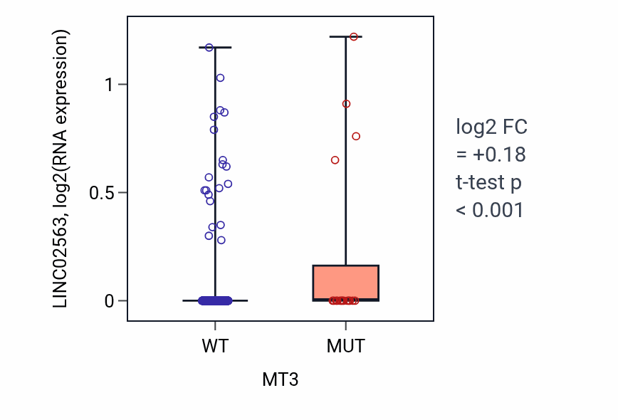 Box plot of LINC02563 in MT3-low vs MT3-high samples in UCEC.
