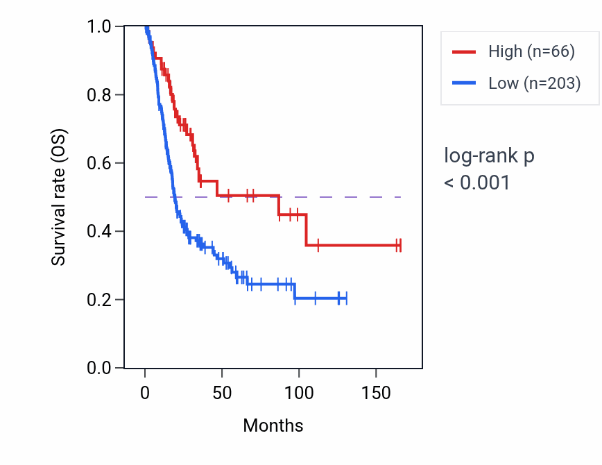 Kaplan&ndash;Meier survival curve for MTCO1P19 RNA expression in BLCA: high vs low expression groups.