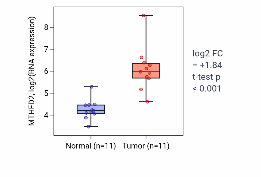 Tumor-vs-normal expression box plot for MTHFD2 RNA in HNSC.