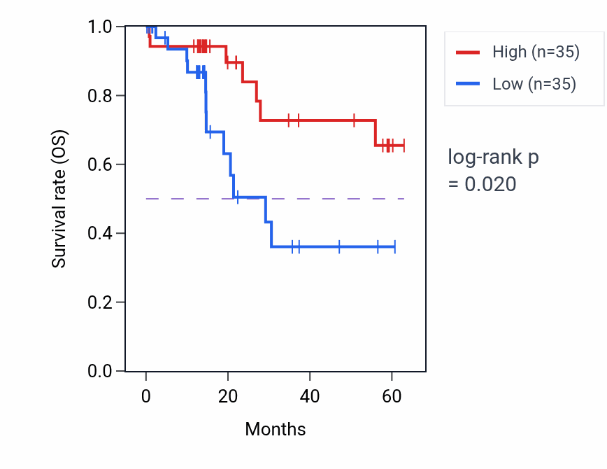 Kaplan&ndash;Meier survival curve for MTIF3 mass-spec protein-high vs -low samples in LUAD.