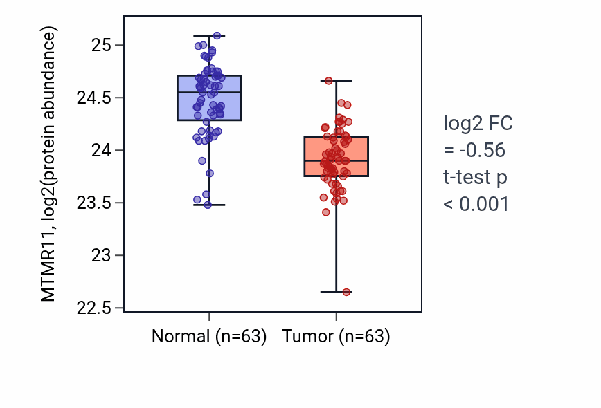Tumor-vs-normal mass-spec protein box plot for MTMR11 in CCRCC.