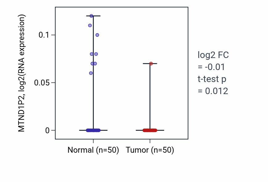 Tumor-vs-normal expression box plot for MTND1P2 in LIHC.