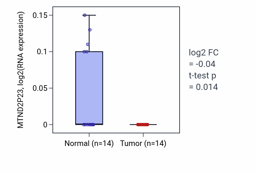 Tumor-vs-normal expression box plot for MTND2P23 in LUSC.