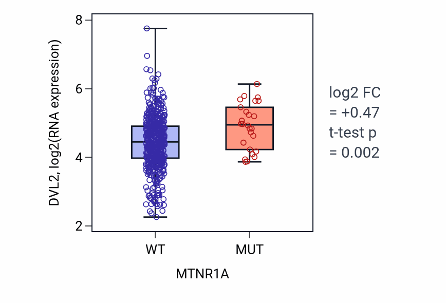Box plot of DVL2 in MTNR1A-low vs MTNR1A-high samples in UCEC.