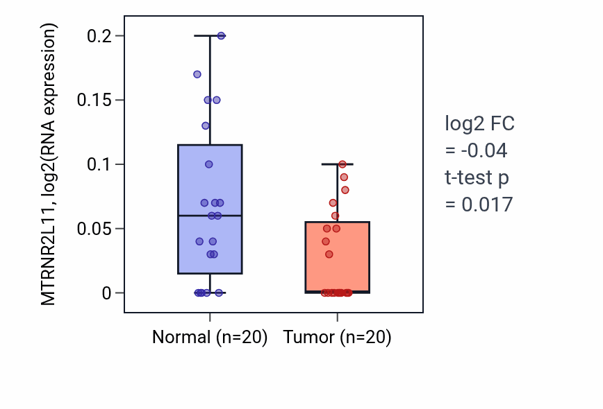 Tumor-vs-normal expression box plot for MTRNR2L11 in KIRC.