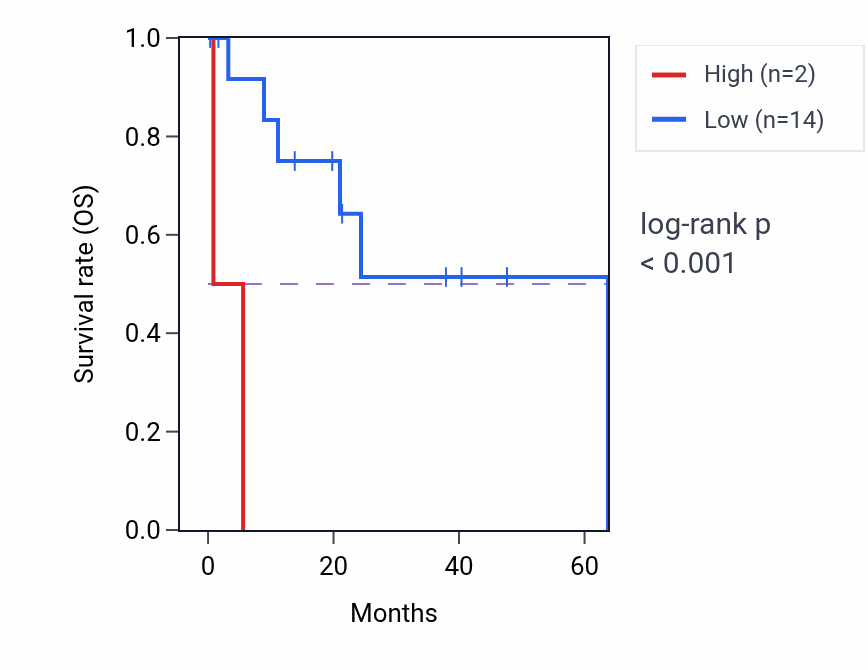 Kaplan&ndash;Meier survival curve for MTRNR2L13 RNA expression in CHOL: high vs low expression groups.