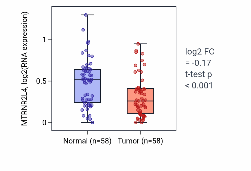 Tumor-vs-normal expression box plot for MTRNR2L4 in THCA.