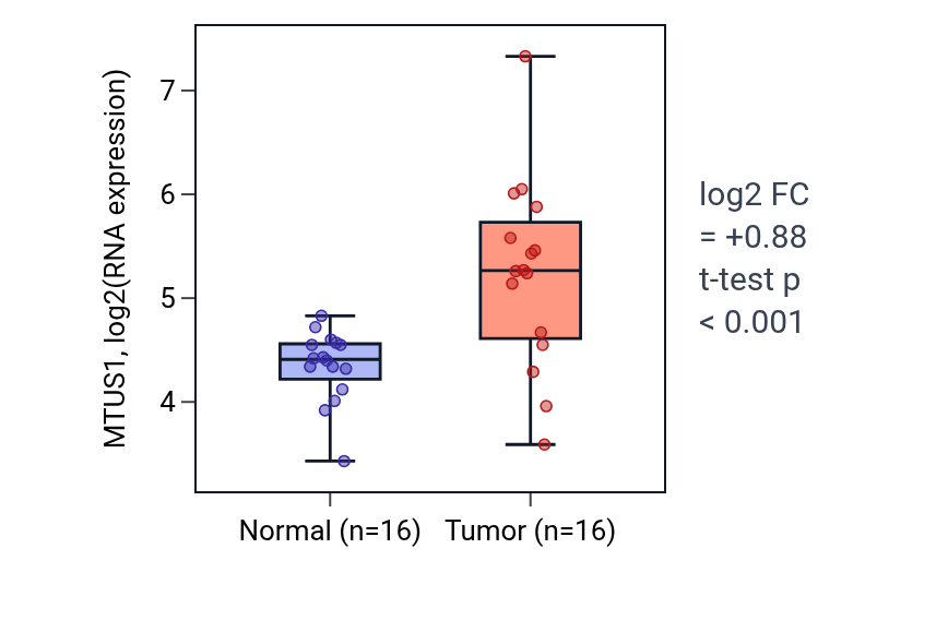 Tumor-vs-normal expression box plot for MTUS1 in THCA.