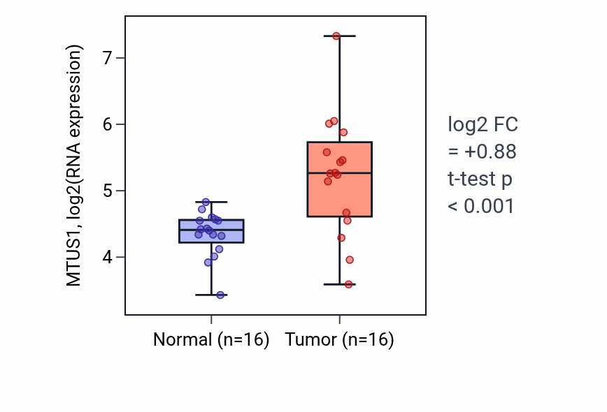Tumor-vs-normal expression box plot for MTUS1 RNA in THCA.