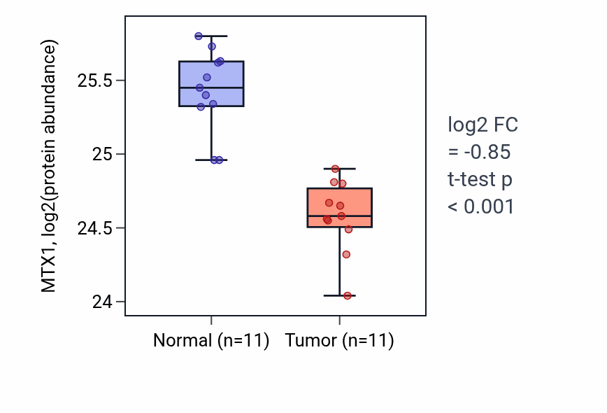 Tumor-vs-normal mass-spec protein box plot for MTX1 in CCRCC.