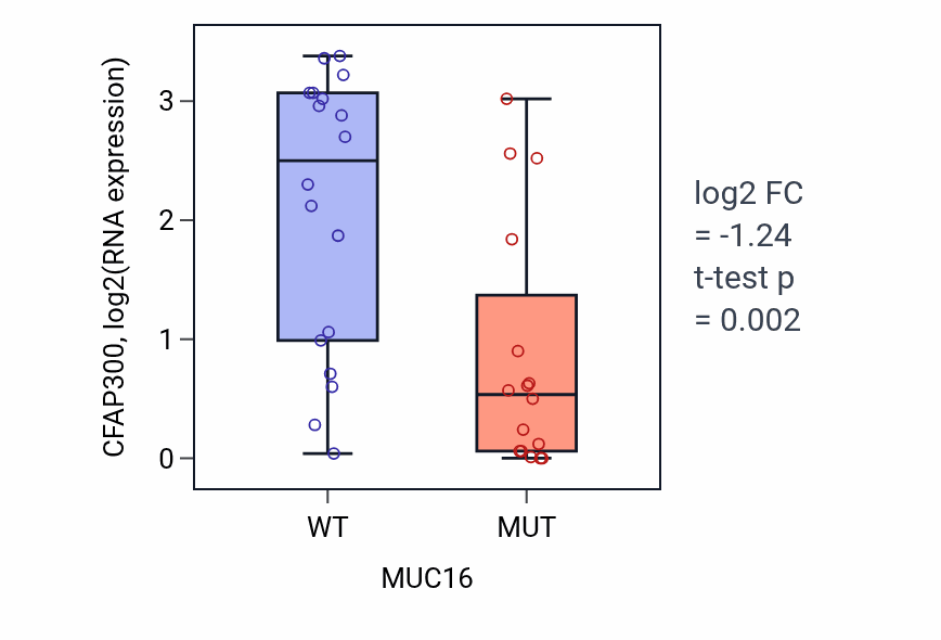 Box plot of CFAP300 in MUC16-low vs MUC16-high samples in KIDNEY.