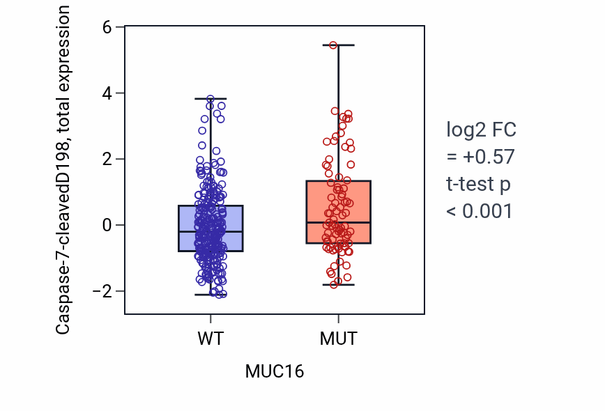 Box plot of Caspase-7-cleavedD198 in MUC16-low vs MUC16-high samples in COAD.