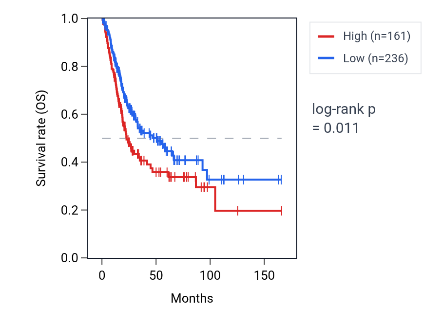 Kaplan&ndash;Meier survival curve for MUC19 RNA expression in BLCA: high vs low expression groups.