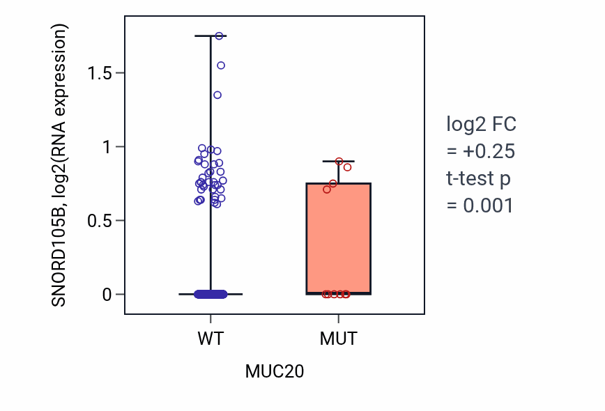 Box plot of SNORD105B in MUC20-low vs MUC20-high samples in SKCM.