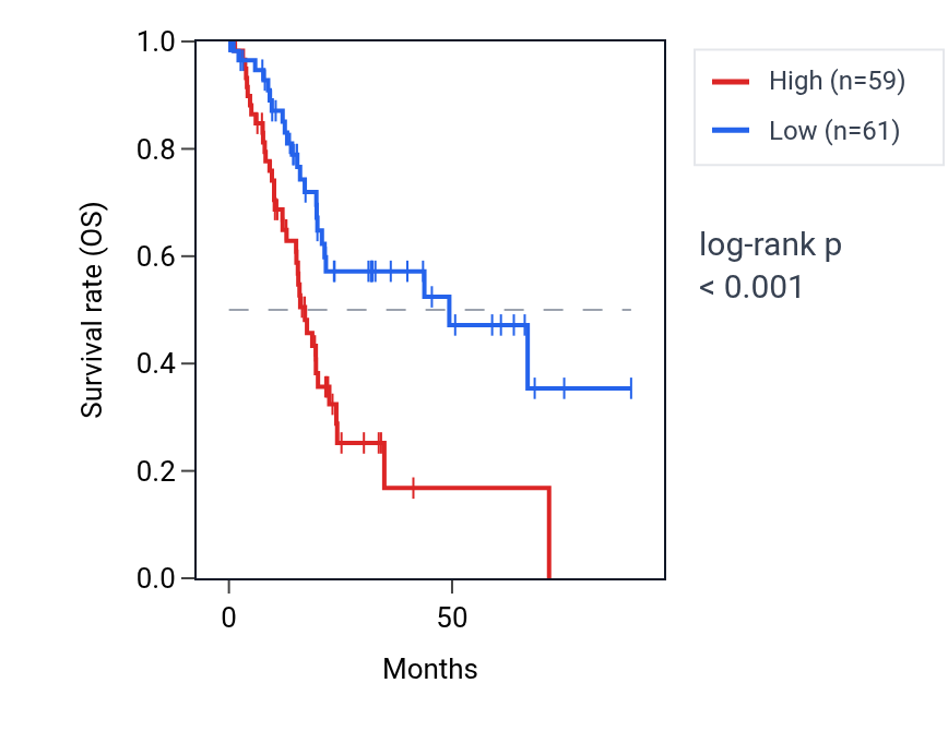 Kaplan&ndash;Meier survival curve for MUC21 RNA expression in PAAD: high vs low expression groups.