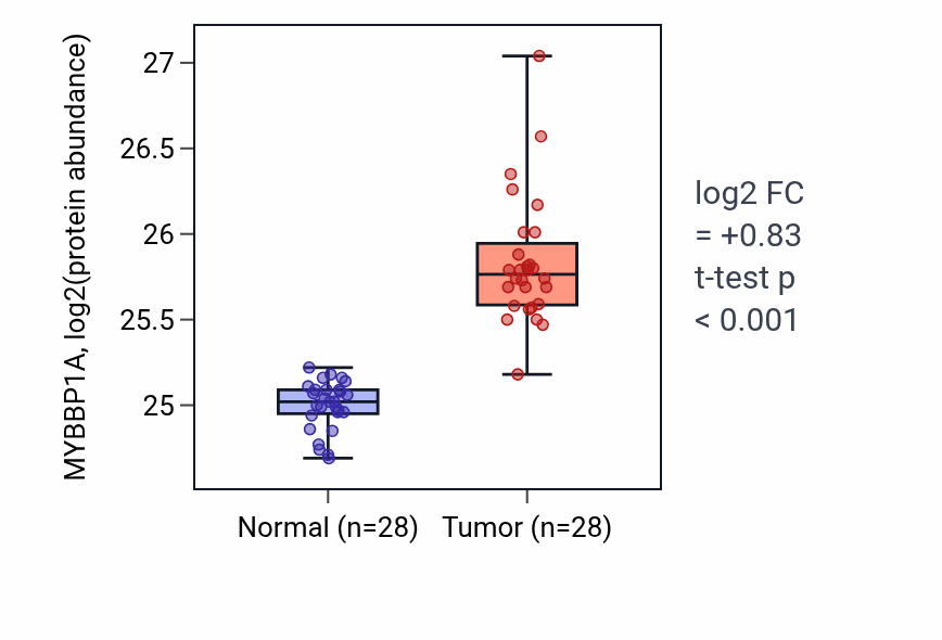 Tumor-vs-normal mass-spec protein box plot for MYBBP1A in COAD.