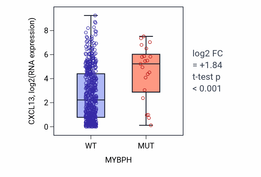 Box plot of CXCL13 in MYBPH-low vs MYBPH-high samples in UCEC.