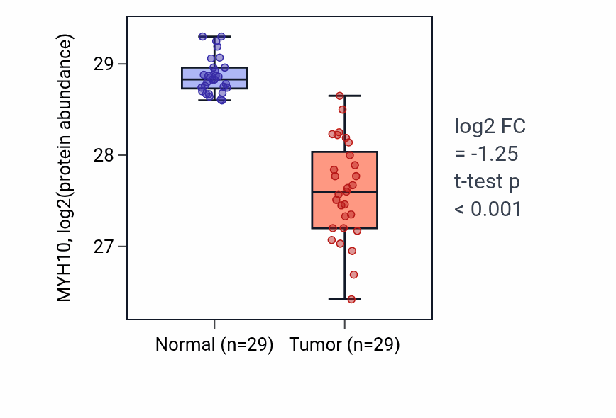 Tumor-vs-normal mass-spec protein box plot for MYH10 in CCRCC.