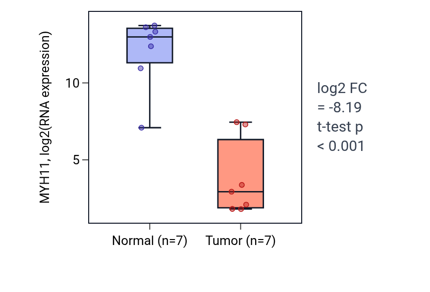 Tumor-vs-normal expression box plot for MYH11 in BLCA.