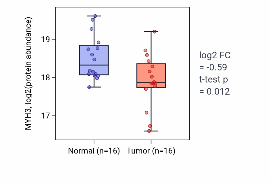 Tumor-vs-normal mass-spec protein box plot for MYH3 in LSCC.