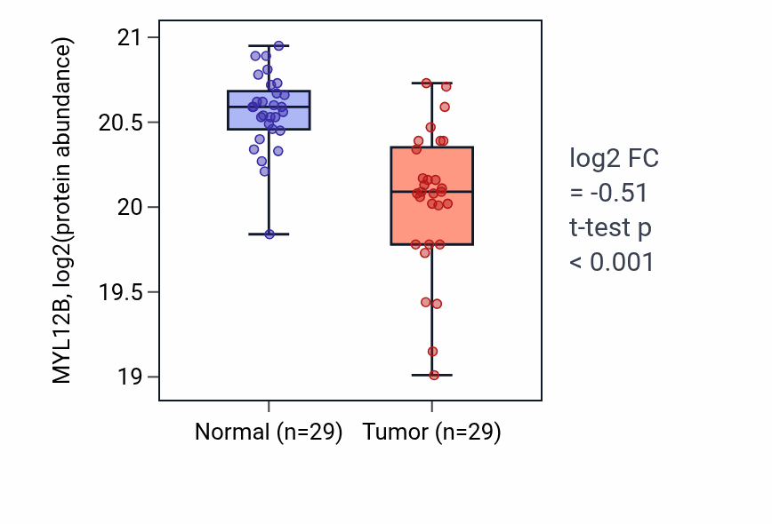 Tumor-vs-normal mass-spec protein box plot for MYL12B in LUAD.