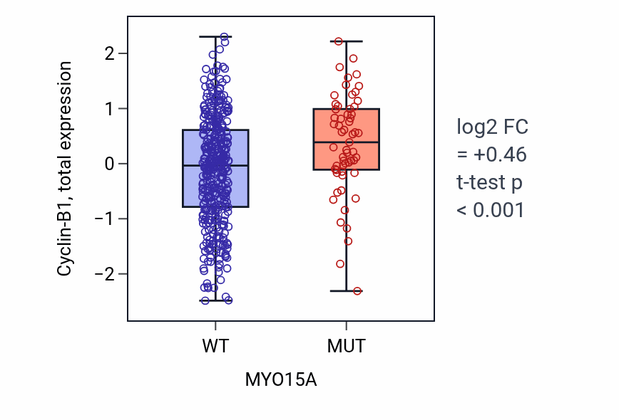 Box plot of Cyclin-B1 in MYO15A-low vs MYO15A-high samples in UCEC.