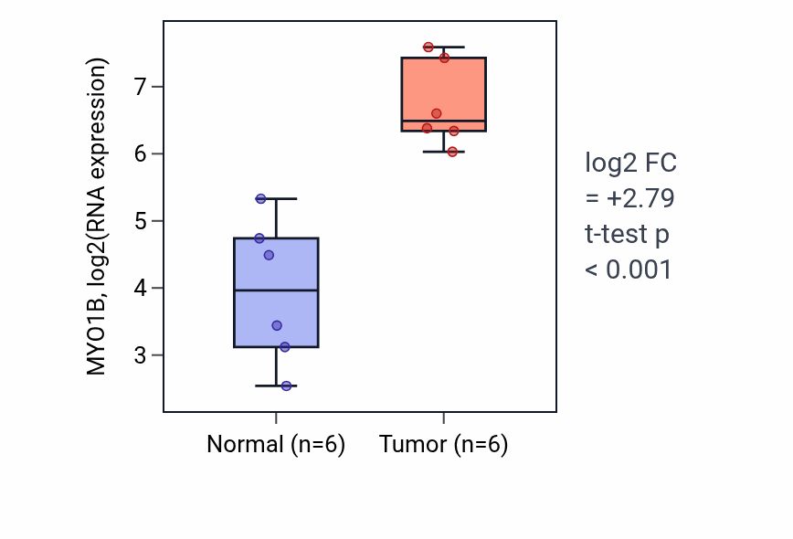 Tumor-vs-normal expression box plot for MYO1B RNA in HNSC.