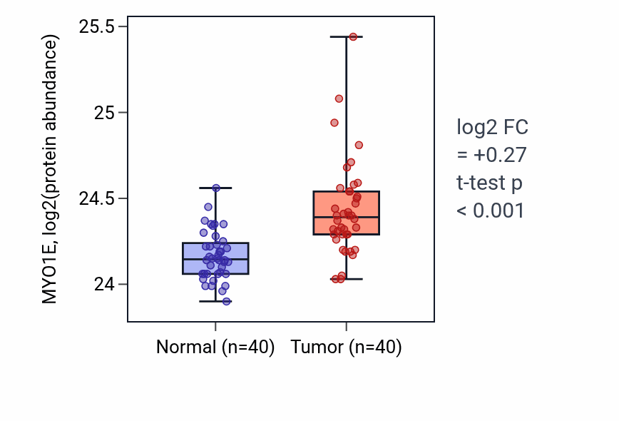 Tumor-vs-normal mass-spec protein box plot for MYO1E in CCRCC.