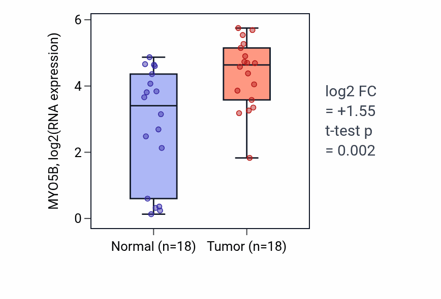 Tumor-vs-normal expression box plot for MYO5B RNA in BLCA.