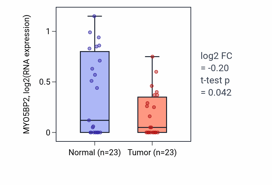 Tumor-vs-normal expression box plot for MYO5BP2 in THCA.