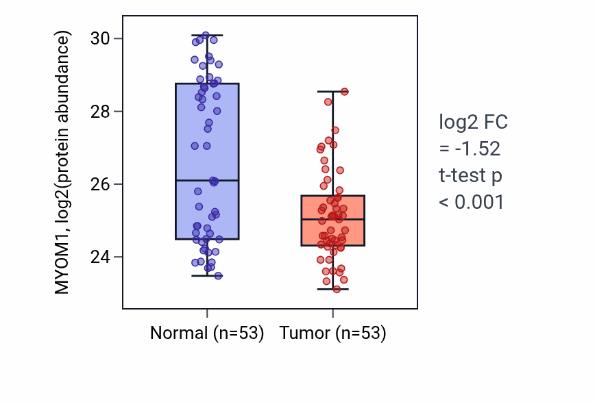 Tumor-vs-normal mass-spec protein box plot for MYOM1 in HNSC.