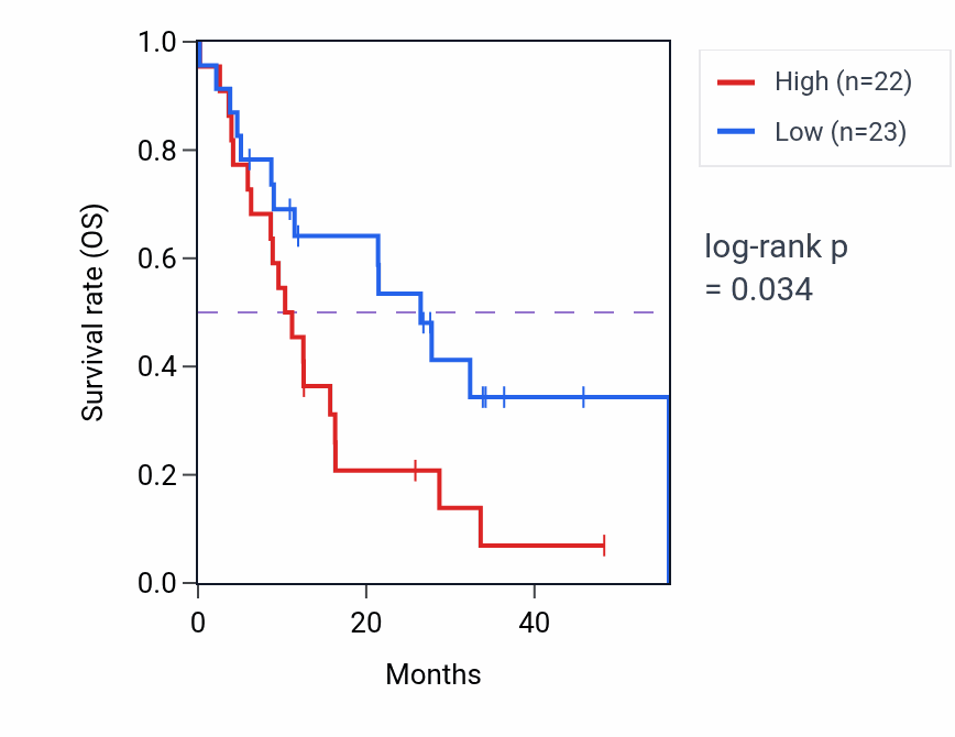 Kaplan&ndash;Meier survival curve for MYRF mass-spec protein-high vs -low samples in GBM.