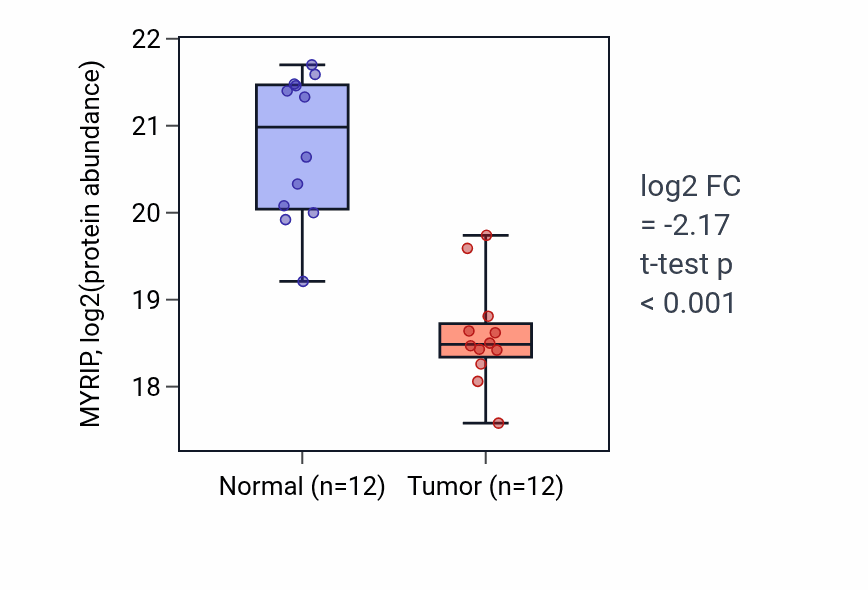 Tumor-vs-normal mass-spec protein box plot for MYRIP in PDAC.