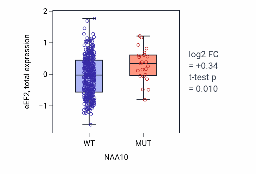 Box plot of eEF2 in NAA10-low vs NAA10-high samples in UCEC.