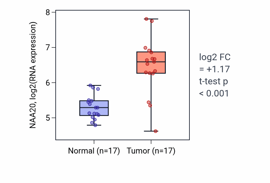 Tumor-vs-normal expression box plot for NAA20 RNA in COAD.
