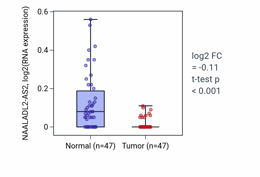 Tumor-vs-normal expression box plot for NAALADL2-AS2 in KIRC.