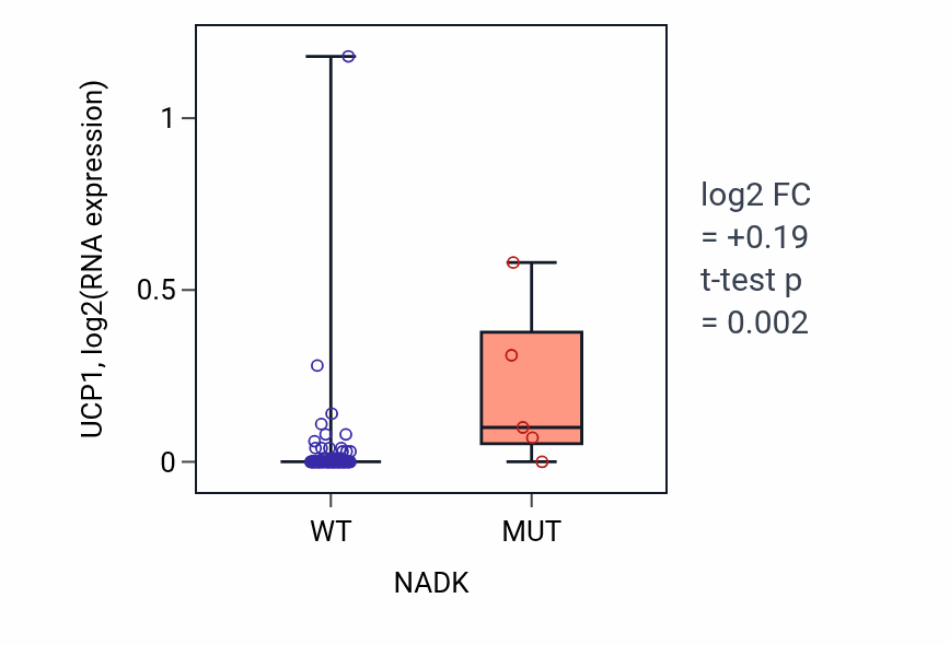 Box plot of UCP1 in NADK-low vs NADK-high samples in BLOOD_Leukemia.