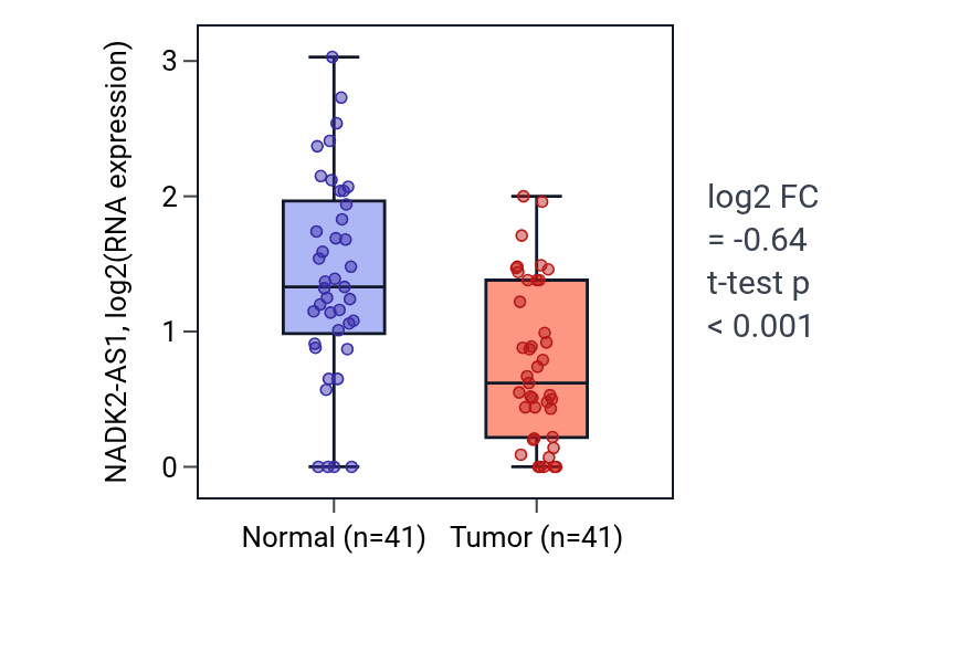 Tumor-vs-normal expression box plot for NADK2-AS1 RNA in THCA.