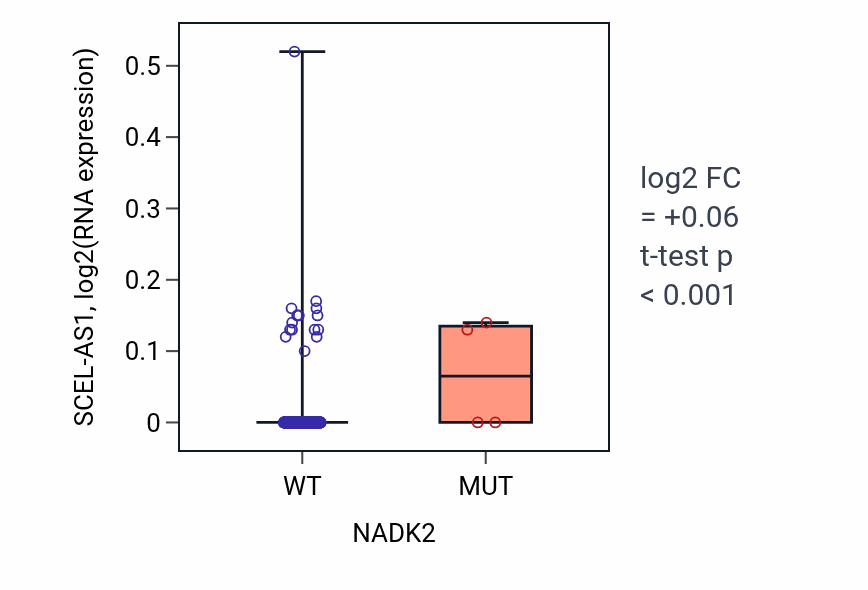 Box plot of SCEL-AS1 in NADK2-low vs NADK2-high samples in SKCM.